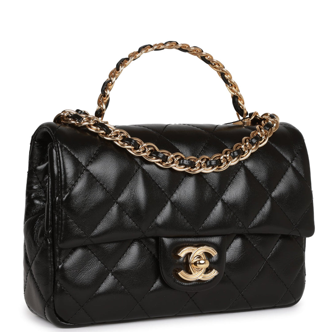 Top Quality Chanel Mini Rectangular Flap with Top Handle Black Lambskin Gold Hardware