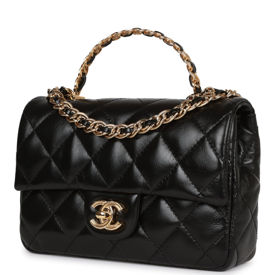 Top Quality Chanel Mini Rectangular Flap with Top Handle Black Lambskin Gold Hardware