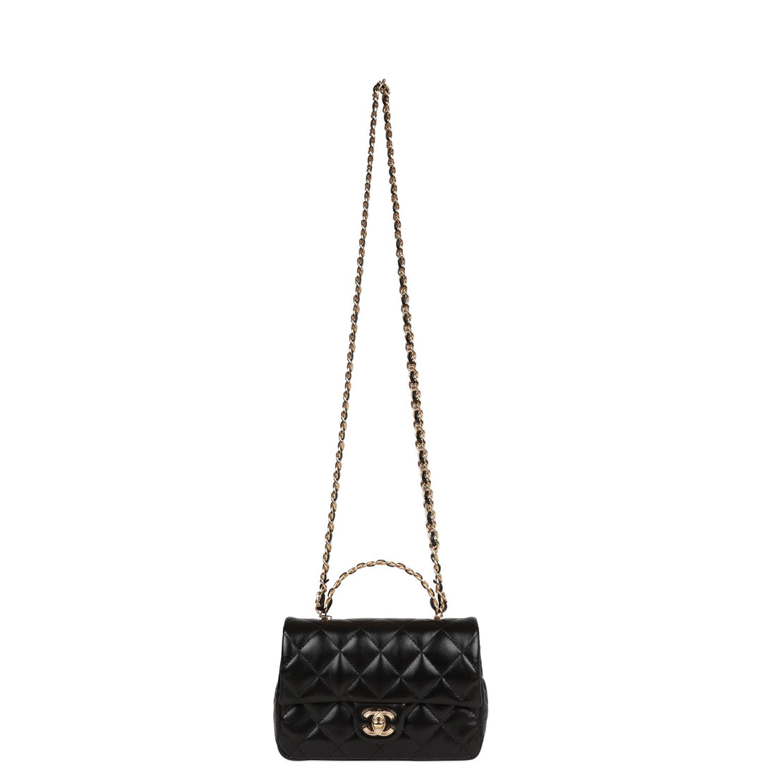 Top Quality Chanel Mini Rectangular Flap with Top Handle Black Lambskin Gold Hardware