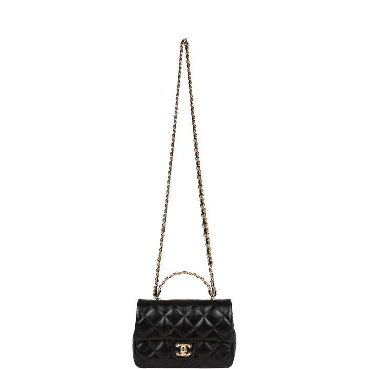 Top Quality Chanel Mini Rectangular Flap with Top Handle Black Lambskin Gold Hardware