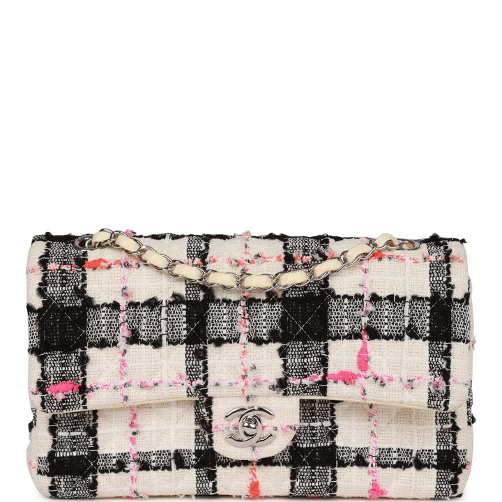 Top Quality Chanel Medium Classic Double Flap Bag White, Black, and Pink Tweed Silver Hardware