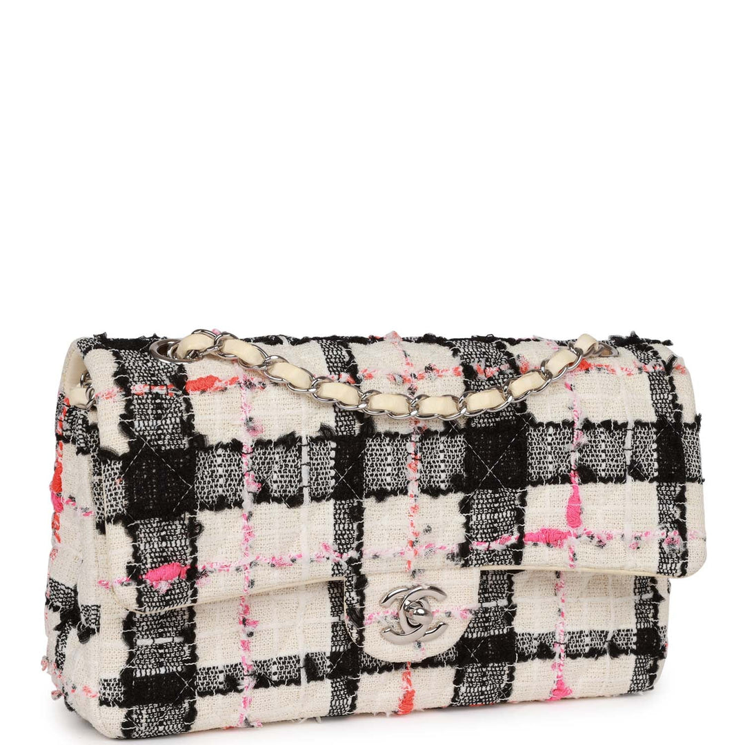 Top Quality Chanel Medium Classic Double Flap Bag White, Black, and Pink Tweed Silver Hardware