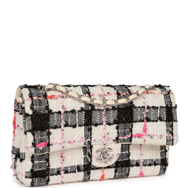 Top Quality Chanel Medium Classic Double Flap Bag White, Black, and Pink Tweed Silver Hardware