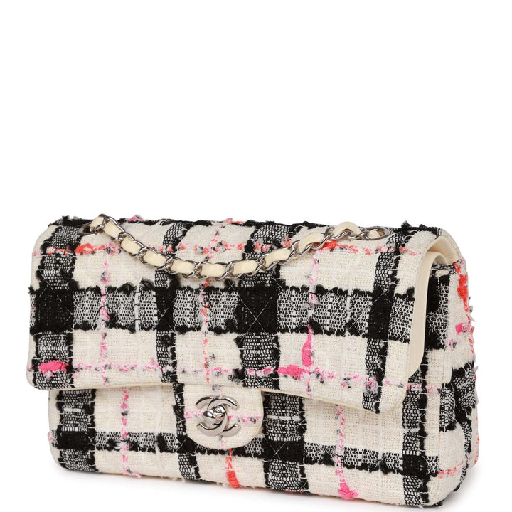 Top Quality Chanel Medium Classic Double Flap Bag White, Black, and Pink Tweed Silver Hardware