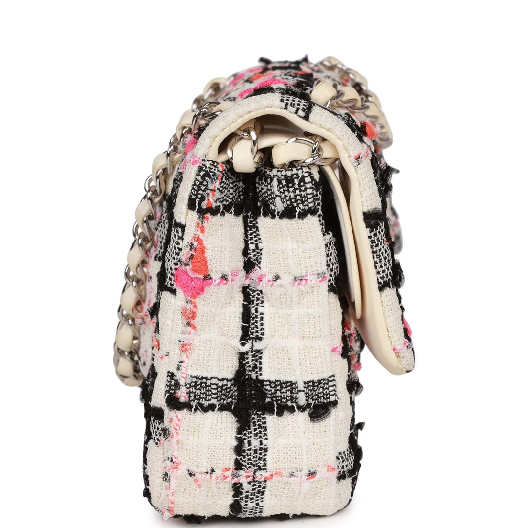 Top Quality Chanel Medium Classic Double Flap Bag White, Black, and Pink Tweed Silver Hardware