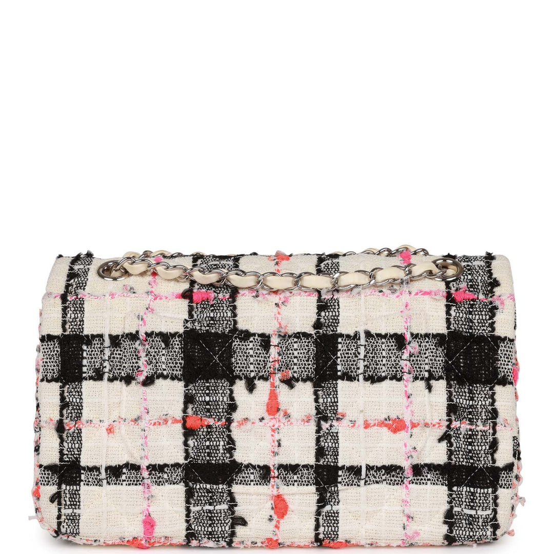 Top Quality Chanel Medium Classic Double Flap Bag White, Black, and Pink Tweed Silver Hardware