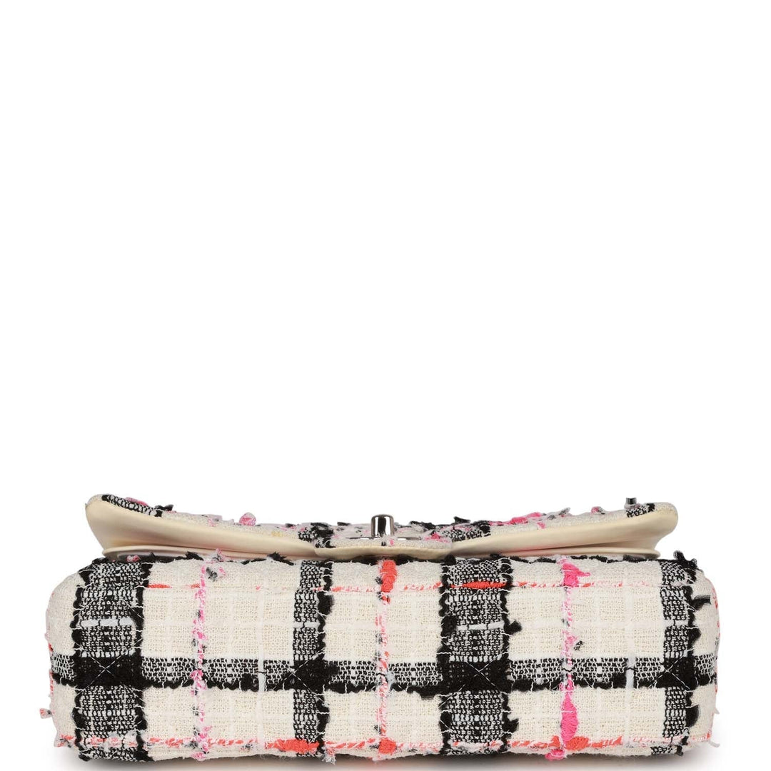 Top Quality Chanel Medium Classic Double Flap Bag White, Black, and Pink Tweed Silver Hardware