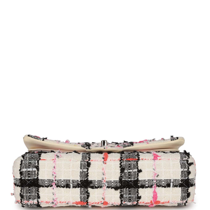 Top Quality Chanel Medium Classic Double Flap Bag White, Black, and Pink Tweed Silver Hardware