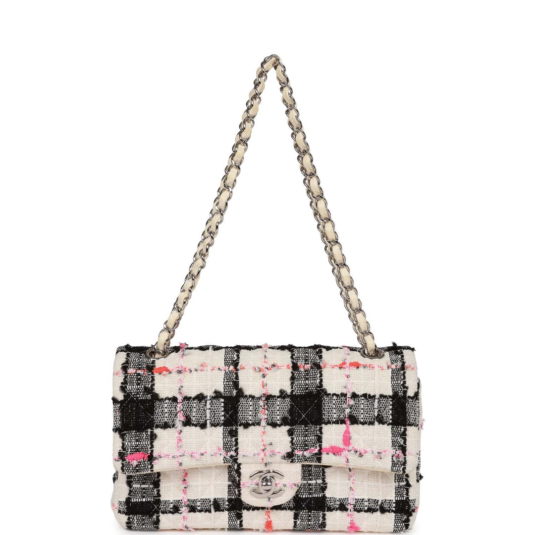 Top Quality Chanel Medium Classic Double Flap Bag White, Black, and Pink Tweed Silver Hardware