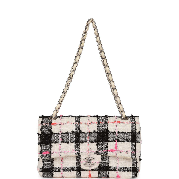 Top Quality Chanel Medium Classic Double Flap Bag White, Black, and Pink Tweed Silver Hardware