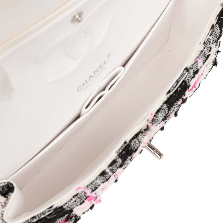 Top Quality Chanel Medium Classic Double Flap Bag White, Black, and Pink Tweed Silver Hardware