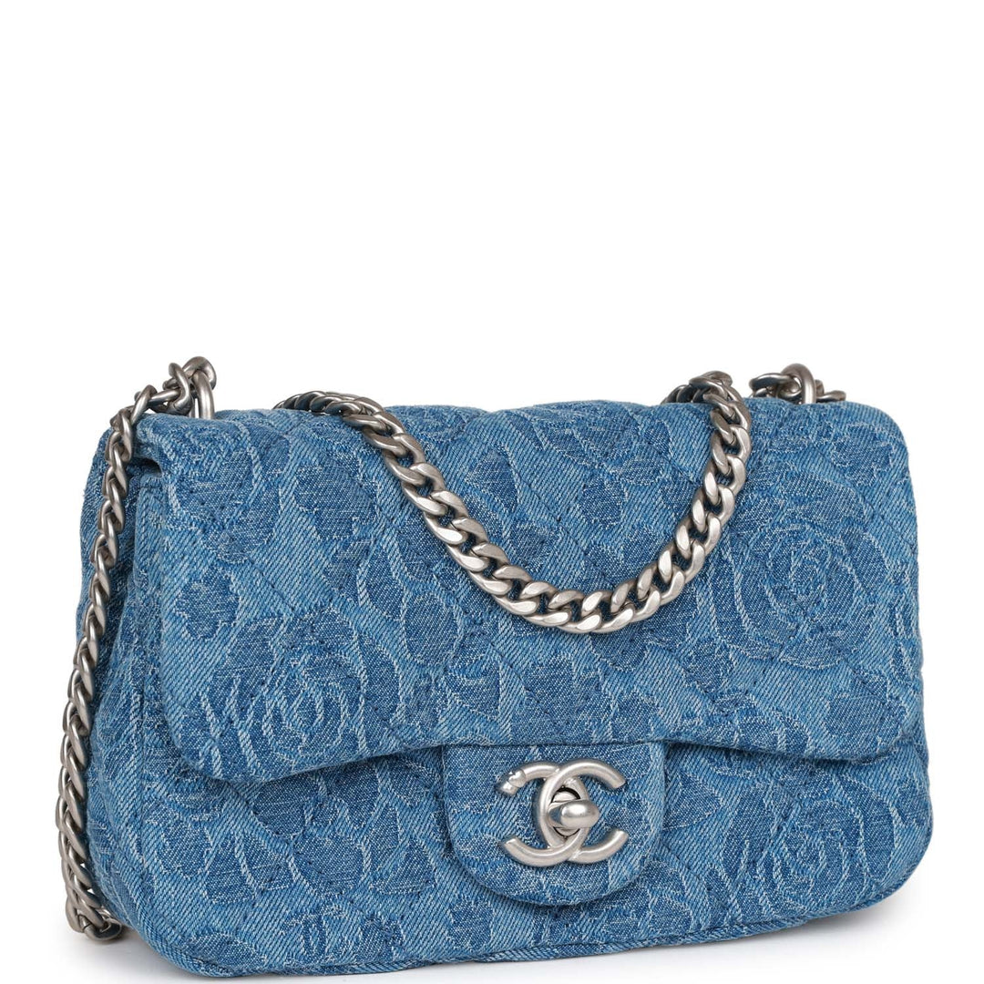 Top Quality Chanel Mini Sweetheart Crush Flap Blue Camellia Denim Silver Hardware