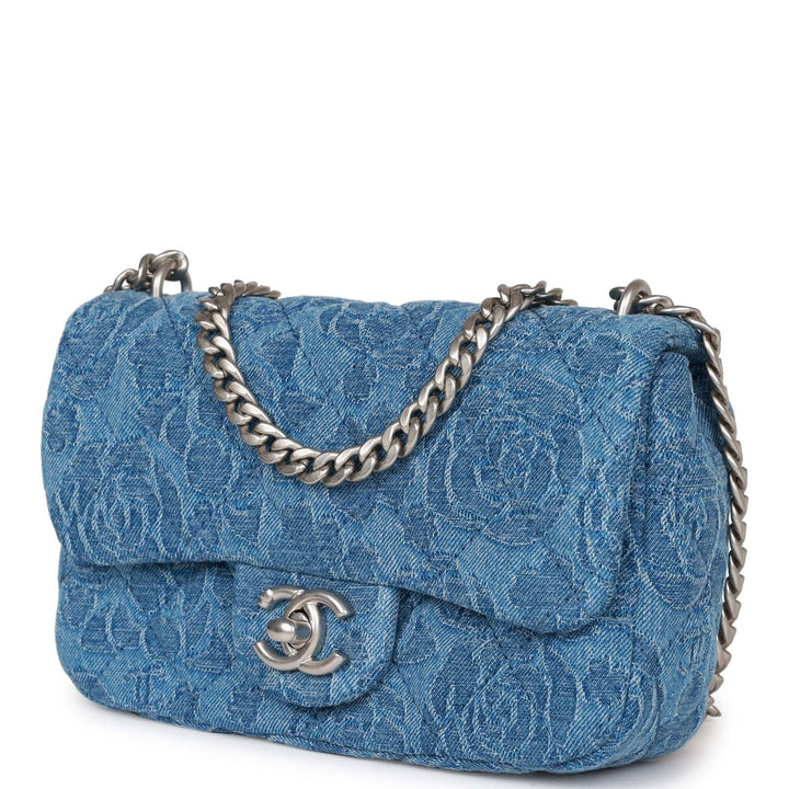 Top Quality Chanel Mini Sweetheart Crush Flap Blue Camellia Denim Silver Hardware