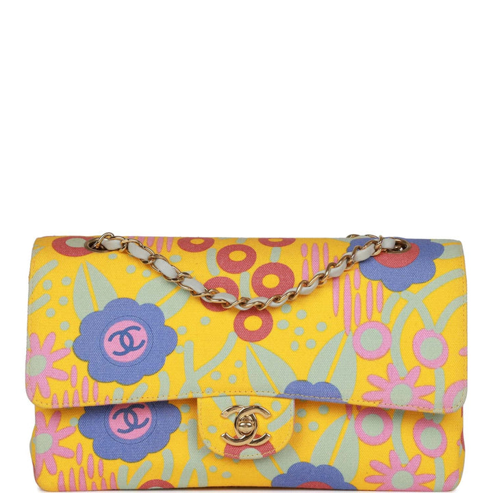 Vintage Top Quality Chanel Medium Classic Double Flap Bag Yellow and Multicolor Floral Print Canvas Gold Hardware