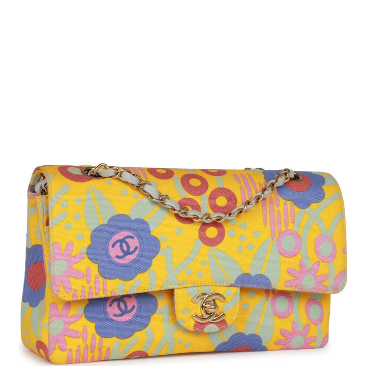 Vintage Top Quality Chanel Medium Classic Double Flap Bag Yellow and Multicolor Floral Print Canvas Gold Hardware
