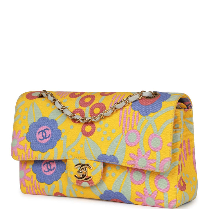 Vintage Top Quality Chanel Medium Classic Double Flap Bag Yellow and Multicolor Floral Print Canvas Gold Hardware