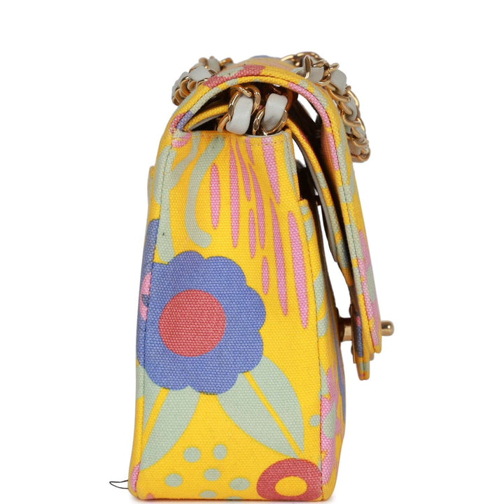 Vintage Top Quality Chanel Medium Classic Double Flap Bag Yellow and Multicolor Floral Print Canvas Gold Hardware