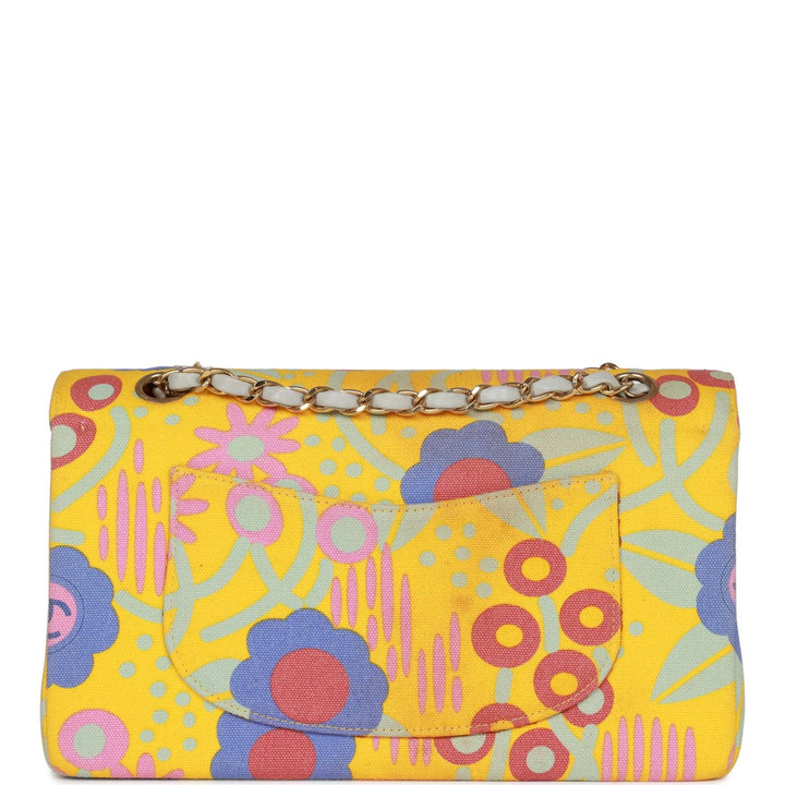 Vintage Top Quality Chanel Medium Classic Double Flap Bag Yellow and Multicolor Floral Print Canvas Gold Hardware