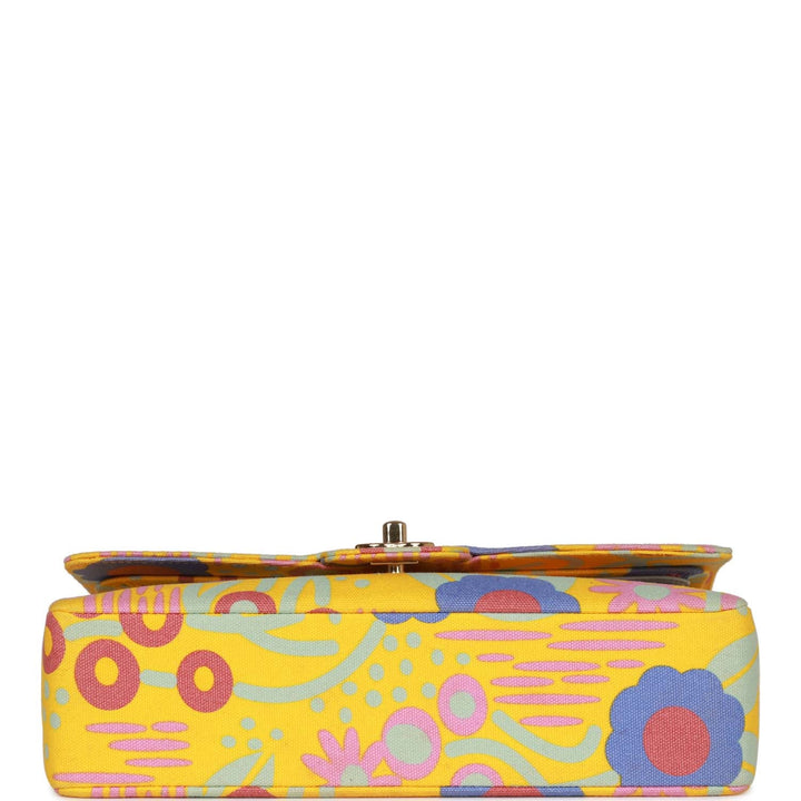 Vintage Top Quality Chanel Medium Classic Double Flap Bag Yellow and Multicolor Floral Print Canvas Gold Hardware