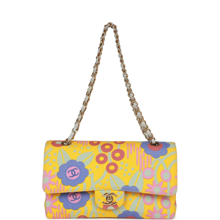 Vintage Top Quality Chanel Medium Classic Double Flap Bag Yellow and Multicolor Floral Print Canvas Gold Hardware