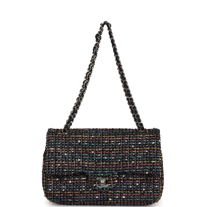 Top Quality Chanel Medium Classic Double Flap Bag White and Black Tweed Boucle Silver Hardware