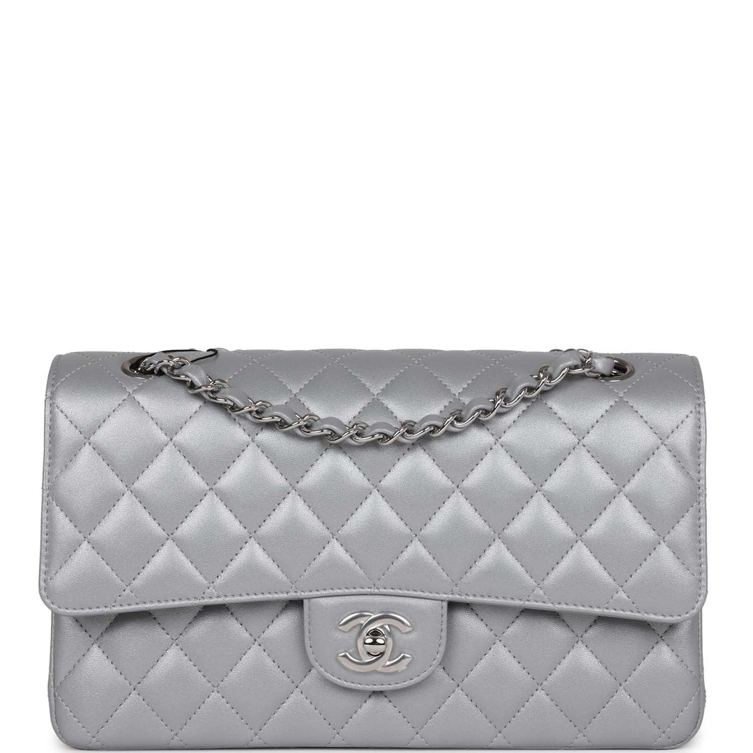 Top Quality Chanel Medium Classic Double Flap Bag Silver Metallic Lambskin Silver Hardware
