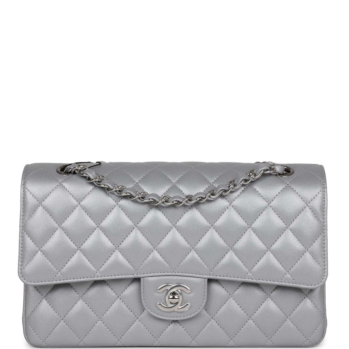Top Quality Chanel Medium Classic Double Flap Bag Silver Metallic Lambskin Silver Hardware