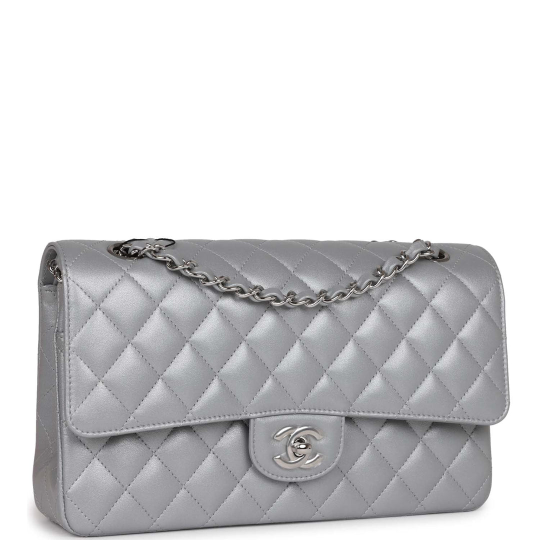 Top Quality Chanel Medium Classic Double Flap Bag Silver Metallic Lambskin Silver Hardware