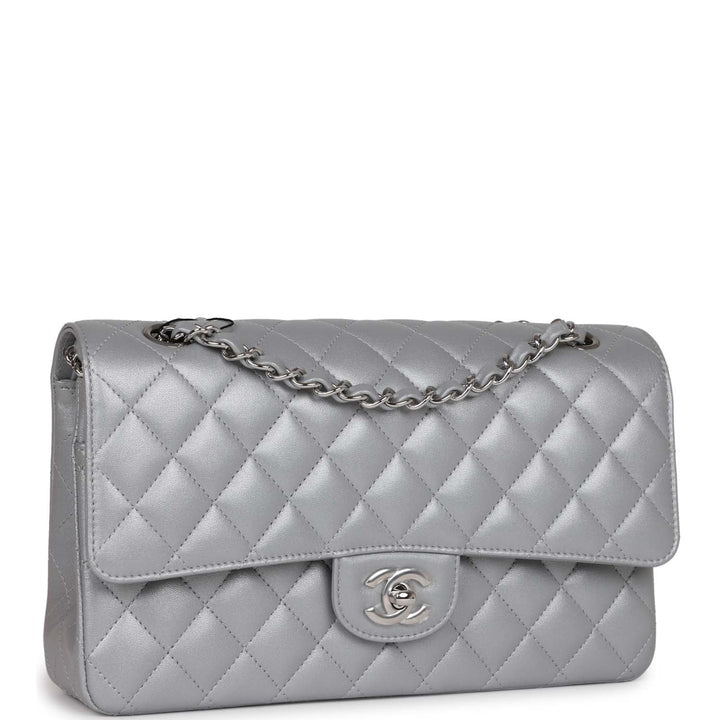 Top Quality Chanel Medium Classic Double Flap Bag Silver Metallic Lambskin Silver Hardware