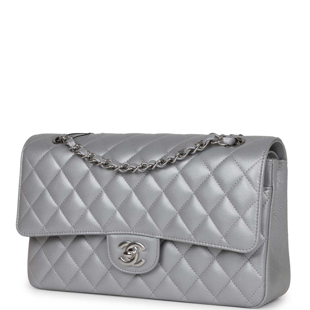 Top Quality Chanel Medium Classic Double Flap Bag Silver Metallic Lambskin Silver Hardware