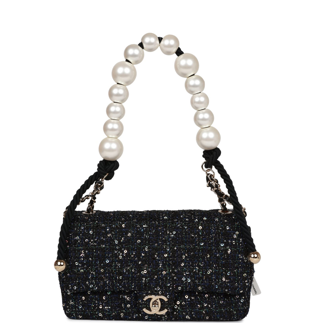 Top Quality Chanel Medium Pearl Handle Flap Bag Dark Blue Tweed Boucle Light Gold Hardware