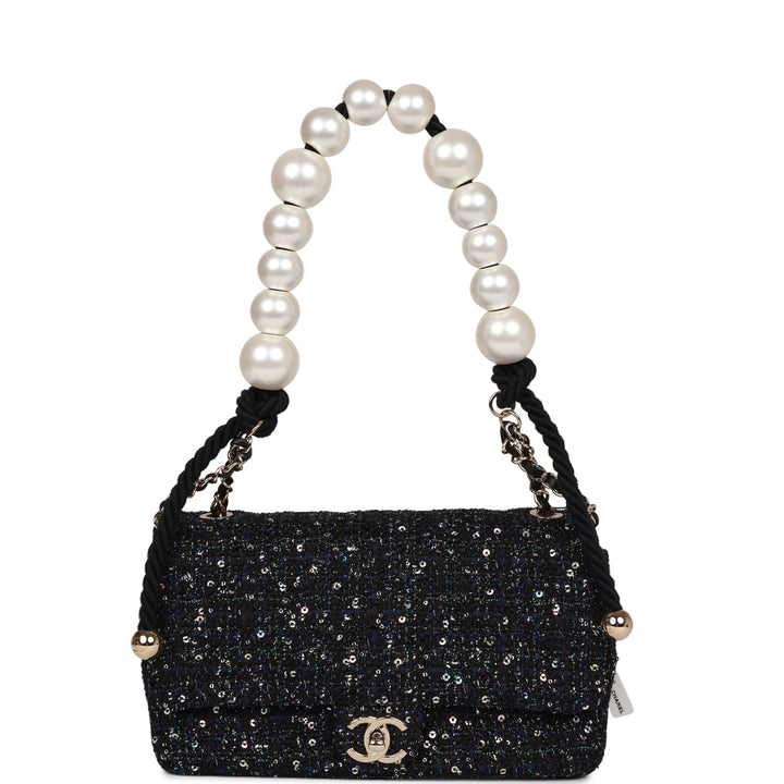 Top Quality Chanel Medium Pearl Handle Flap Bag Dark Blue Tweed Boucle Light Gold Hardware
