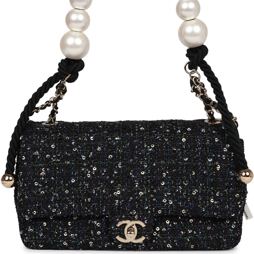 Top Quality Chanel Medium Pearl Handle Flap Bag Dark Blue Tweed Boucle Light Gold Hardware
