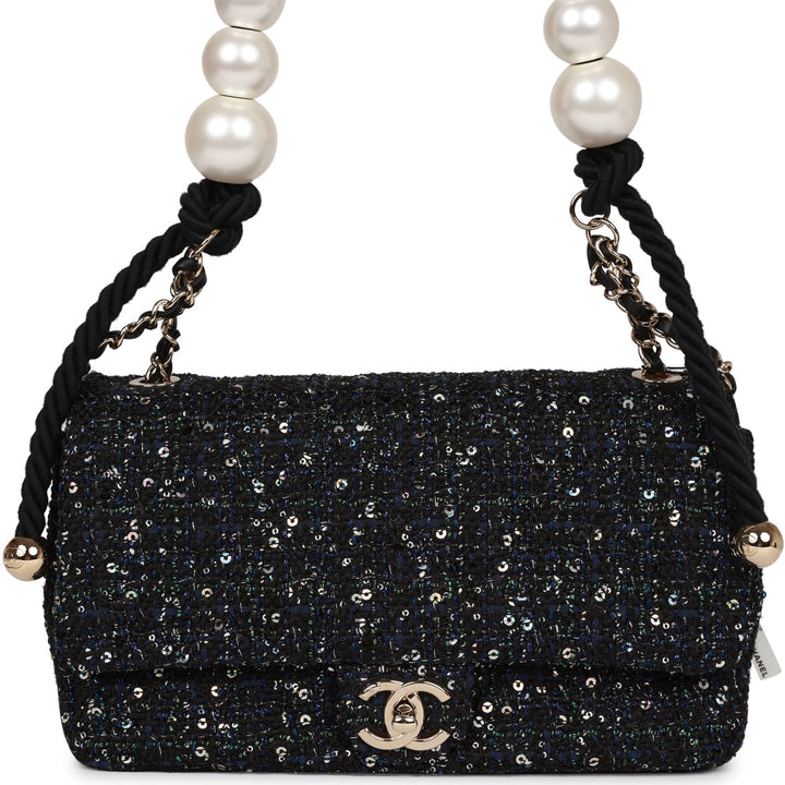 Top Quality Chanel Medium Pearl Handle Flap Bag Dark Blue Tweed Boucle Light Gold Hardware