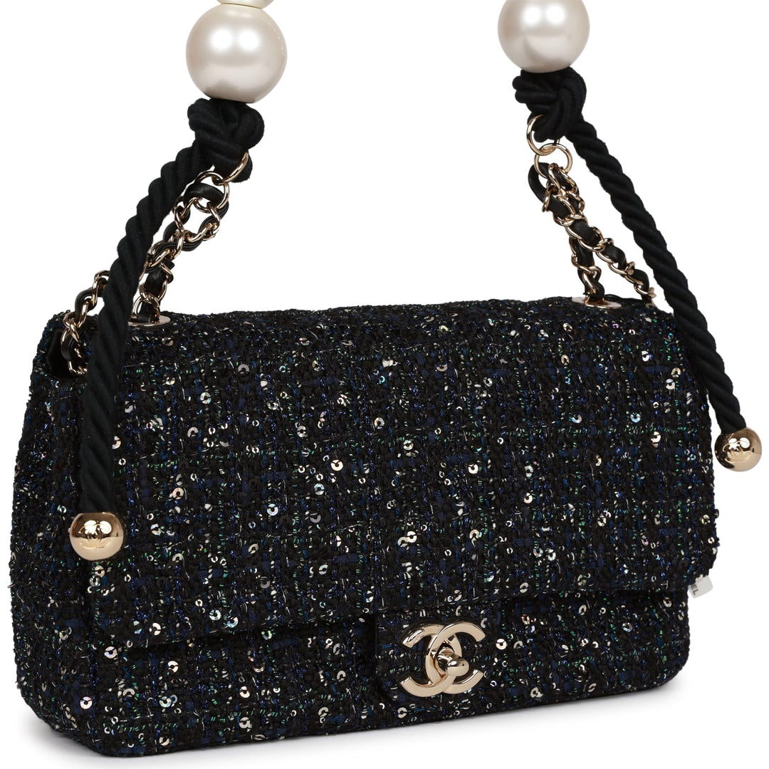 Top Quality Chanel Medium Pearl Handle Flap Bag Dark Blue Tweed Boucle Light Gold Hardware