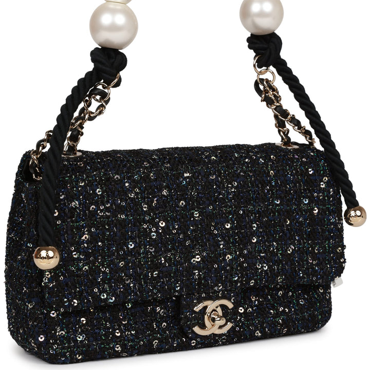Top Quality Chanel Medium Pearl Handle Flap Bag Dark Blue Tweed Boucle Light Gold Hardware