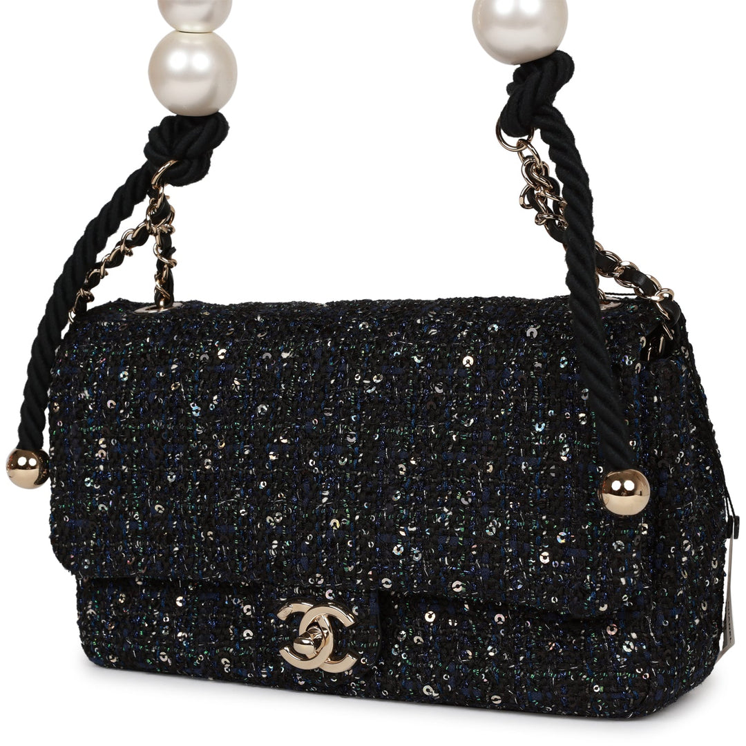 Top Quality Chanel Medium Pearl Handle Flap Bag Dark Blue Tweed Boucle Light Gold Hardware
