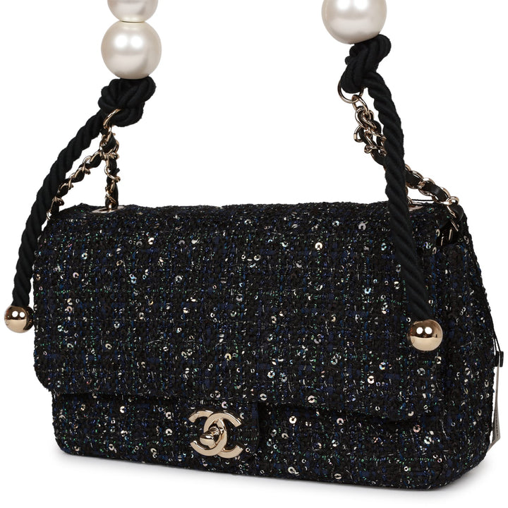 Top Quality Chanel Medium Pearl Handle Flap Bag Dark Blue Tweed Boucle Light Gold Hardware