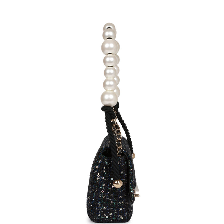 Top Quality Chanel Medium Pearl Handle Flap Bag Dark Blue Tweed Boucle Light Gold Hardware