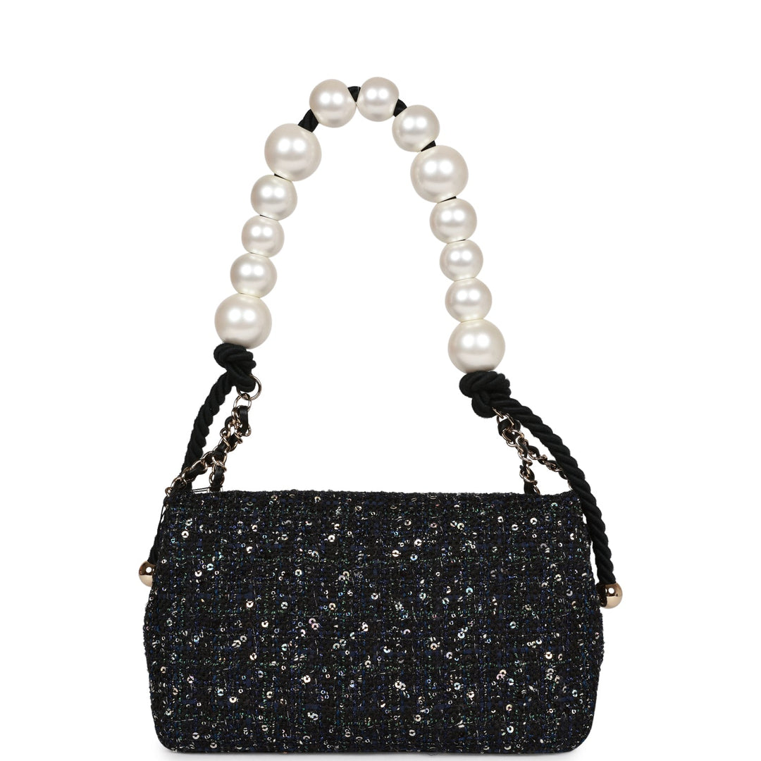 Top Quality Chanel Medium Pearl Handle Flap Bag Dark Blue Tweed Boucle Light Gold Hardware