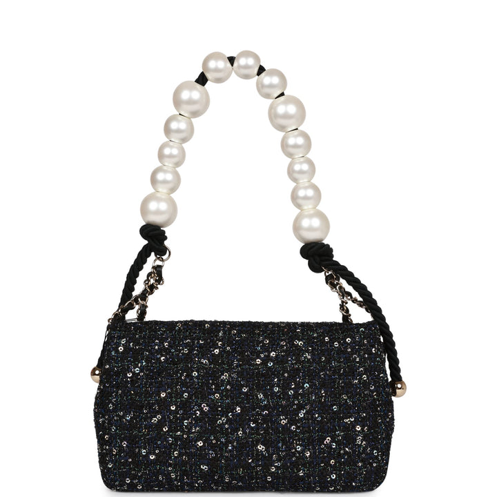 Top Quality Chanel Medium Pearl Handle Flap Bag Dark Blue Tweed Boucle Light Gold Hardware