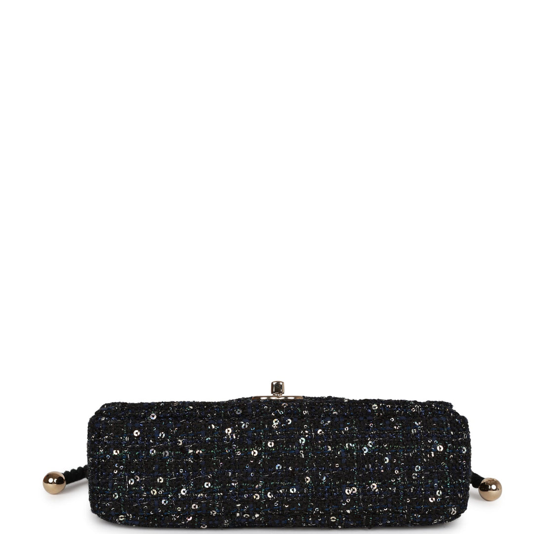 Top Quality Chanel Medium Pearl Handle Flap Bag Dark Blue Tweed Boucle Light Gold Hardware