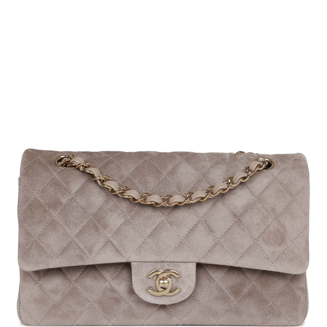 Top Quality Chanel Medium Classic Double Flap Bag Grey Suede Light Gold Hardware