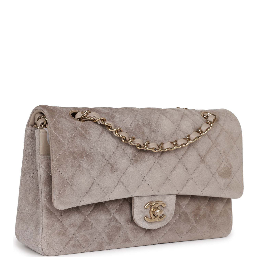Top Quality Chanel Medium Classic Double Flap Bag Grey Suede Light Gold Hardware