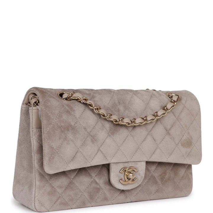 Top Quality Chanel Medium Classic Double Flap Bag Grey Suede Light Gold Hardware