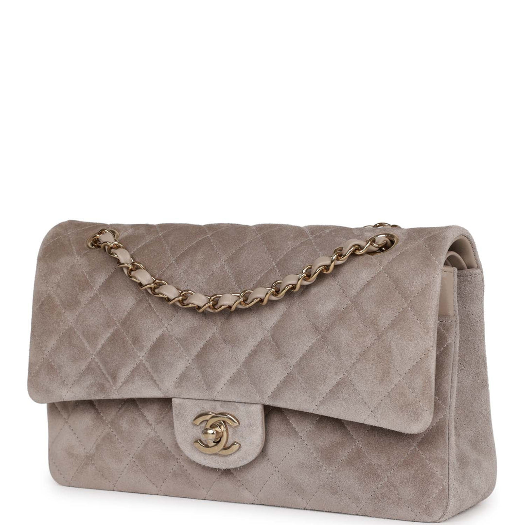 Top Quality Chanel Medium Classic Double Flap Bag Grey Suede Light Gold Hardware