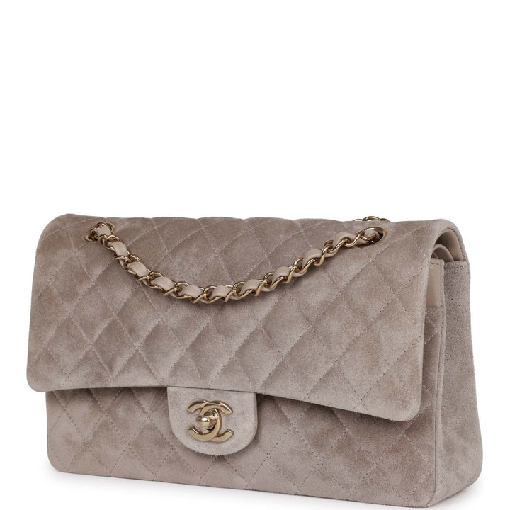 Top Quality Chanel Medium Classic Double Flap Bag Grey Suede Light Gold Hardware