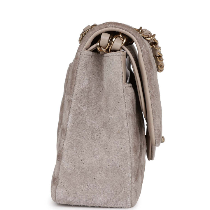 Top Quality Chanel Medium Classic Double Flap Bag Grey Suede Light Gold Hardware