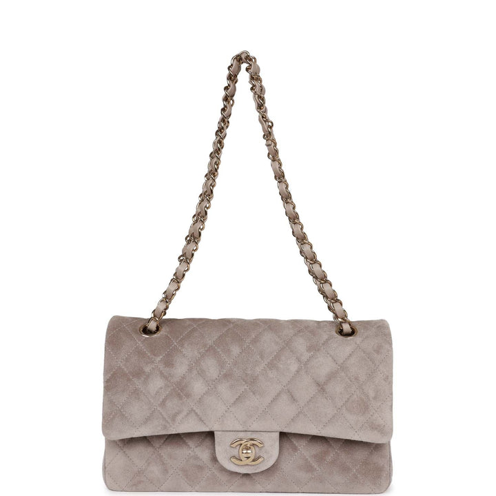 Top Quality Chanel Medium Classic Double Flap Bag Grey Suede Light Gold Hardware