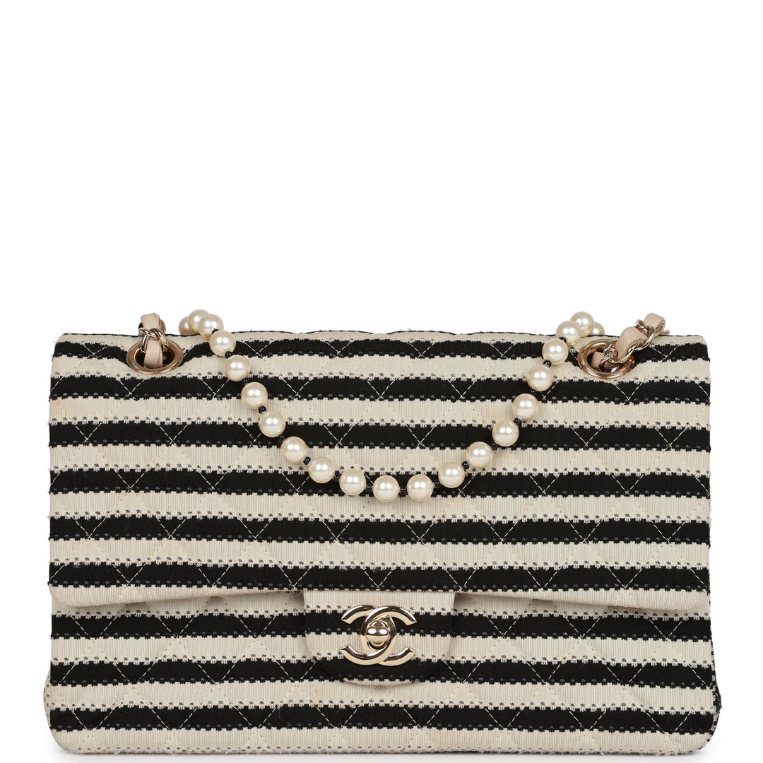 Top Quality Chanel Medium Classic Double Flap Bag Black and Beige Striped Silk Light Gold Hardware